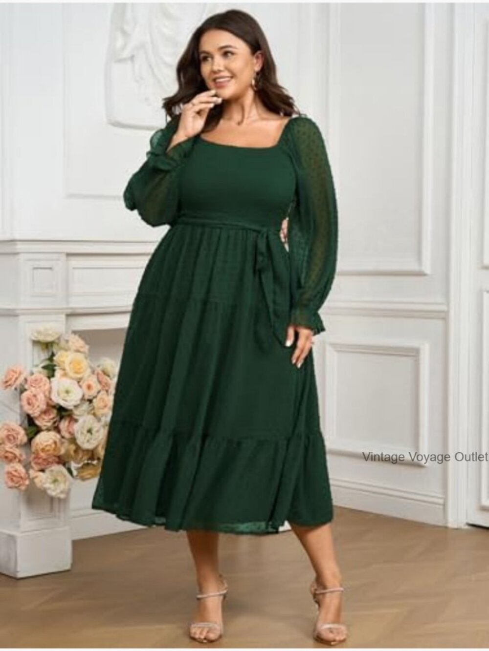 Women's Plus Size Long Sleeve Square Neck Chiffon Smocked A Line Ruffle - Picture 6 of 7